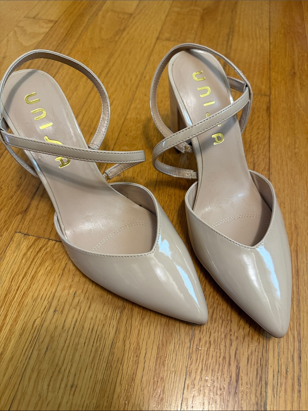Unisa Beige Patent Pointed-Toe Strappy Heels